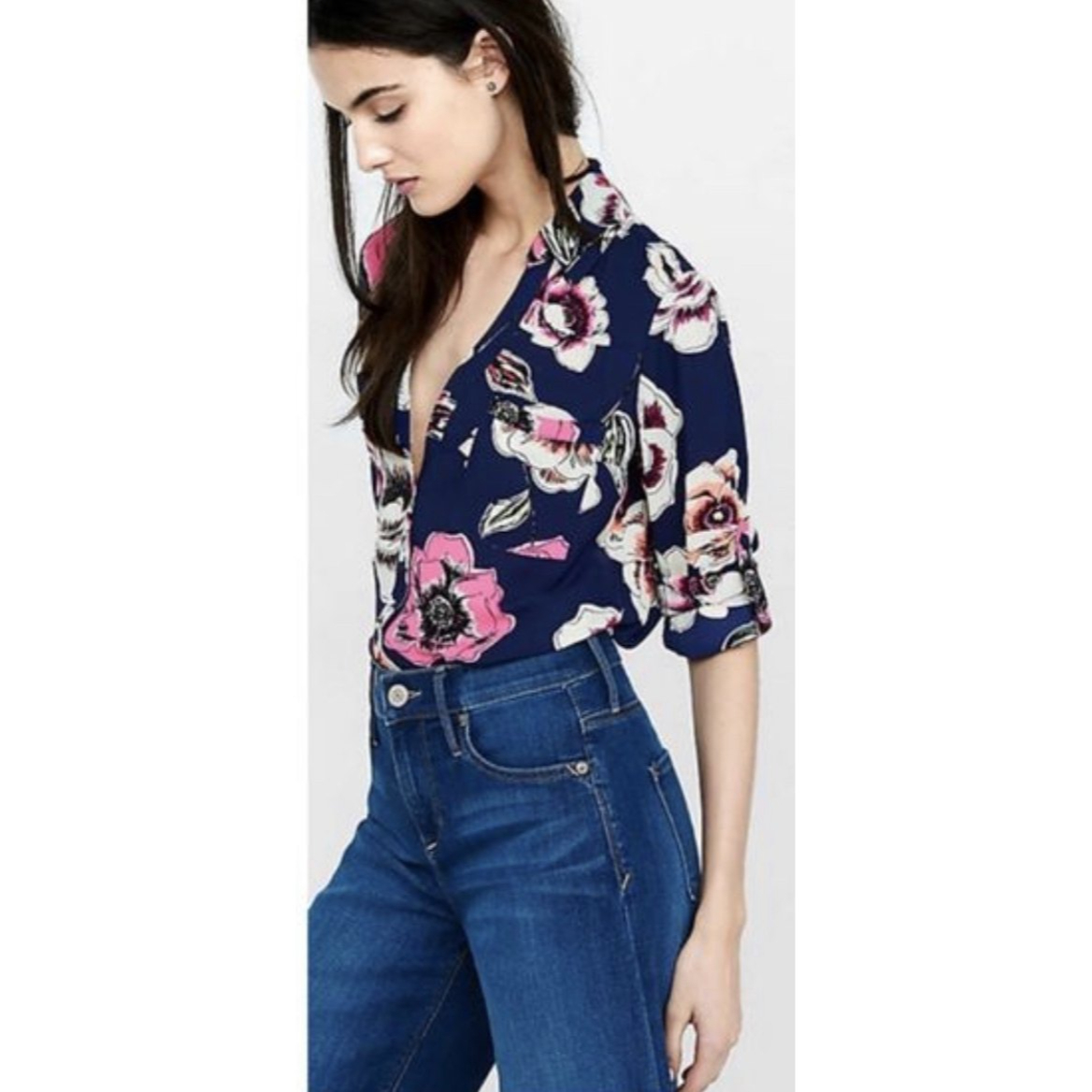 Express Navy Floral Long Sleeve Blouse